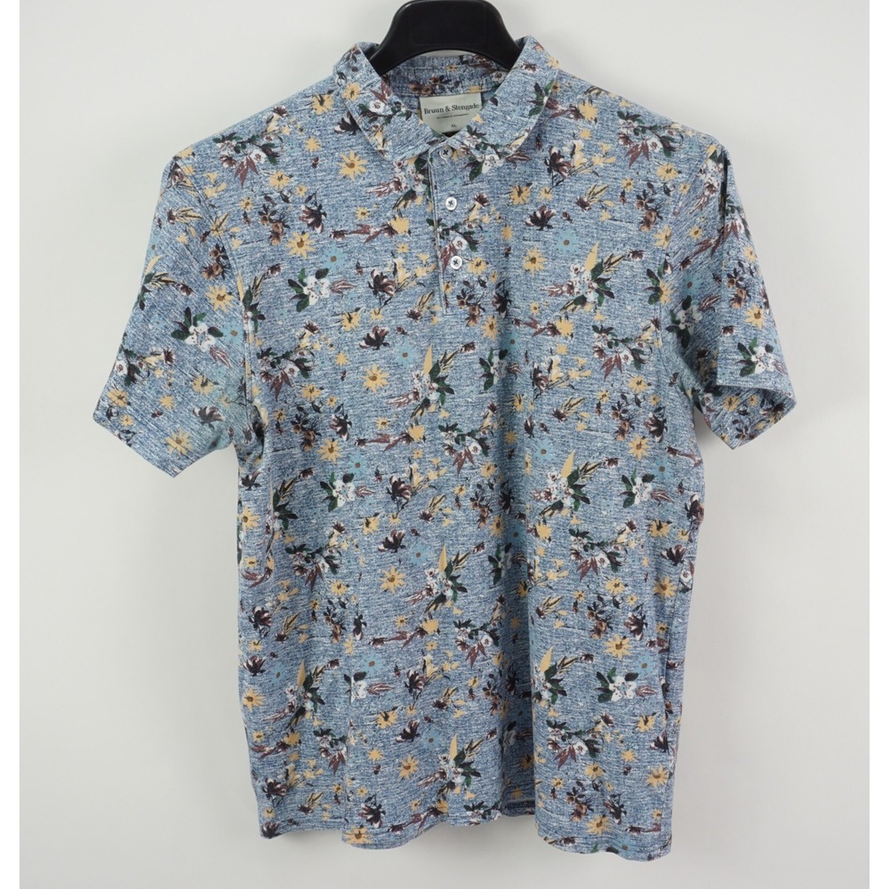 Bruun & Stengade Men's XL Slim‎ Short Sleeve Blue Floral Knit Cotton Polo Shirt
